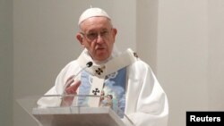 Pope Francis speaks as he holds a Mass at Cathedral Basilica of Santa Maria la Antigua during World Youth Day in Panama City, Panama, Jan. 26, 2019.