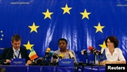 The head of the EU observer mission, Cecile Kyenge, talks during a news conference about the presidential election in Bamako, Mali, July 31, 2018.