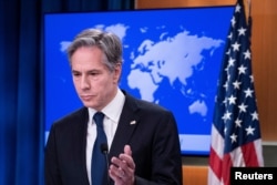 U.S. Secretary of State Antony Blinken speaks during a briefing at the State Department in Washington, Jan. 26, 2022.