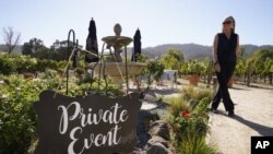 Event planner Janice Twomey looks over a garden area where weddings were often held at Brix Napa Valley near Oakville, Calif., on Thursday, Oct. 15, 2020. (AP Photo/Eric Risberg)