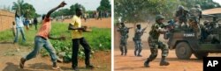 (L) Angry crowds throw stones at FOMAC regional peacekeepers. (R) ,FOMAC regional peacekeepers, fire their guns as they evacuate Muslim clerics from Bangui's St Jacques Church, Central African Republic, Dec. 12, 2013.