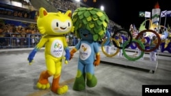 Olympic mascots are seen at the Sambadrome in Rio de Janeiro's Sambadrome, Feb. 7, 2016. 