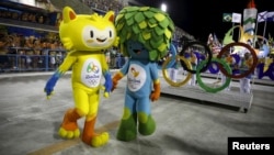 Olympic mascots are seen at the Sambadrome in Rio de Janeiro's Sambadrome, Feb. 7, 2016. 