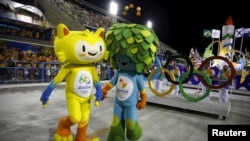 Olympic mascots are seen at the Sambadrome in Rio de Janeiro's Sambadrome, Feb. 7, 2016. 