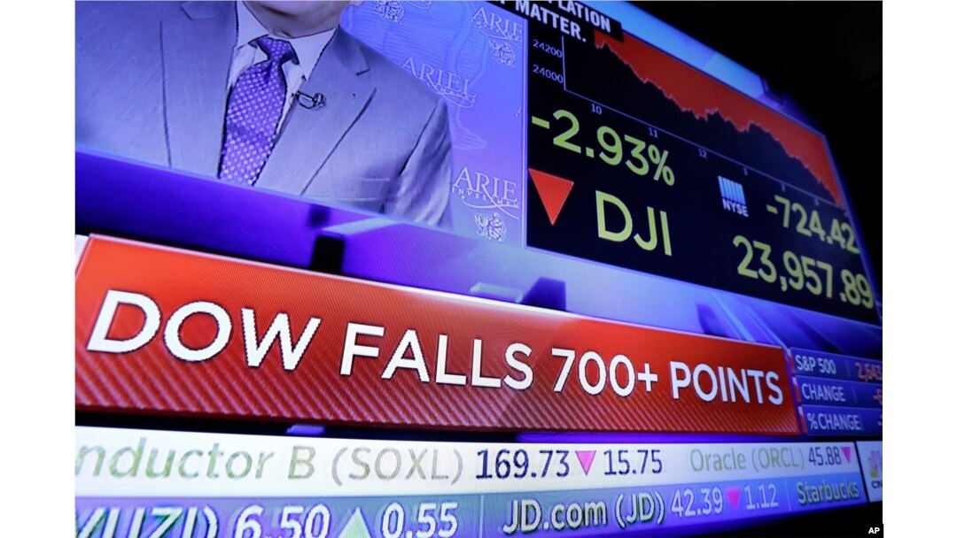 A television screen on the trading floor of the New York Stock Exchange shows the plunging numbers for the Dow Jones industrial average, March 22, 2018, as investors feared trade tensions will spike between the US and China.