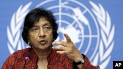 U.N. High Commissioner for Human Rights South African Navanethem Pillay gestures during a press conference at the European headquarters of the United Nations in Geneva (file)