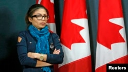 Ensaf Haidar takes part in a news conference calling for the release of her husband, Raif Badawi, by Saudi Arabia authorities, in Ottawa, Canada, Jan. 29, 2015.