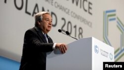 U.N. Secretary-General Antonio Guterres addresses during the opening of COP24 UN Climate Change Conference 2018 in Katowice, Poland, Dec. 3, 2018. 