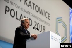 UN Secretary-General Antonio Guterres addresses during the opening of COP24 UN Climate Change Conference 2018 in Katowice, Poland, Dec. 3, 2018.