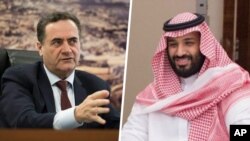 از راست، «محمد بن سلمان» ولیعهد عربستان و «یسرائیل کاتس» وزیر اطلاعات اسرائیل