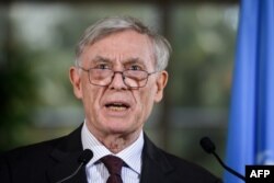 FILE - Horst Kohler, envoy of the U.N. secretary-general for Western Sahara, talks to reporters after a two-day round of talks on ending the Western Sahara conflict, at U.N. offices in Geneva, March 22, 2019.
