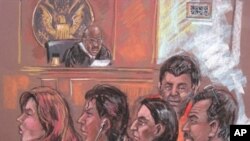 Drawing showing five of the 10 arrested Russian spy suspects in a New York courtroom, 28 Jun 2010