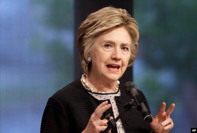 FILE - Former U.S. Secretary of State Hillary Clinton speaks in Baltimore, Maryland, June 5, 2017.