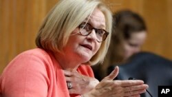 FILE - Sen. Claire McCaskill, D-Mo., asks a question during a Senate Finance Committee hearing in Washington, June 20, 2018. McCaskill says Russian hackers tried unsuccessfully to infiltrate her Senate computer network. The Missouri Democrat released the statement after The Daily Beast website reported that Russia’s GRU intelligence agency tried to hack the senator’s computers in August 2017. 