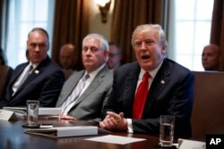 El presidente Donald Trump preside una reunión de gabinete en la Casa Blanca, a su lado a la izquierda el secretario del Interior, Ryan Zinke y al fondo, el secretario de Estado Rex Tillerson. Enero 10 de 2017.