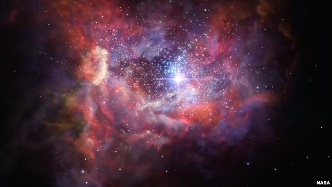 This artist’s impression shows what the very distant young galaxy A2744_YD4 might look like. Observations using ALMA have shown that this galaxy, seen when the Universe was just 4 percent of its current age, is rich in dust. Such dust was produced by an e