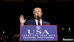 U.S. President-elect Donald Trump speaks at a USA Thank You Tour event at Crown Coliseum in Fayetteville, North Carolina, U.S., Dec. 6, 2016.