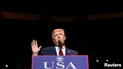 U.S. President-elect Donald Trump speaks at a USA Thank You Tour event at Crown Coliseum in Fayetteville, North Carolina, Dec. 6, 2016.