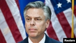 FILE - Republican presidential candidate and former Utah Governor Jon Huntsman speaks at the Myrtle Beach Convention Center in Myrtle Beach, South Carolina, Jan. 16, 2012.