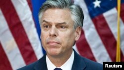 FILE - former Utah Governor Jon Huntsman speaks at the Myrtle Beach Convention Center in Myrtle Beach, South Carolina, Jan. 16, 2012. President Donald Trump has tapped Huntsman to be U.S. ambassador to Russia.