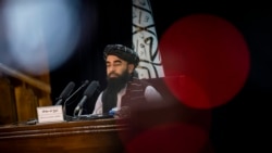 Taliban government spokesman Zabihullah Mujahid gives a press conference in Kabul, Afghanistan, Sept. 21, 2021.