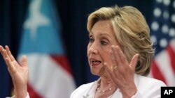 Democratic presidential candidate Hillary Clinton speaks at a news conference after a discussion about health care in San Juan, Puerto Rico, Sept. 4, 2015.