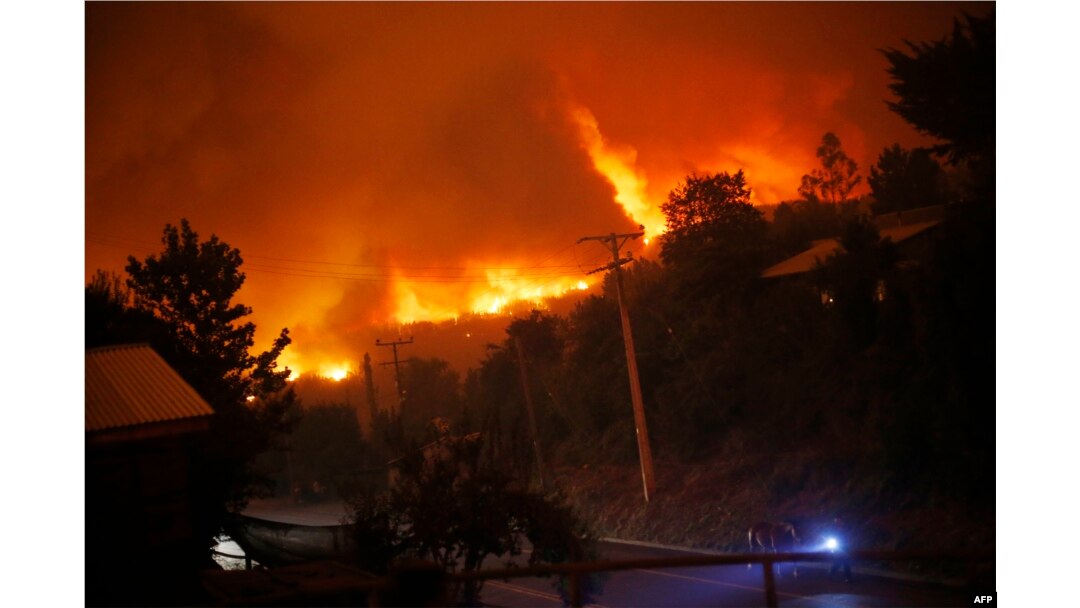 A forest fire burns out of control in Santa Olga, 240 km south of Santiago, Jan. 25, 2017.