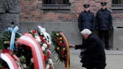 Germany's President Frank-Walter Steinmeier lays a wreath at the Death Wall at the Auschwitz I Nazi death camp in Oswiecim, Poland, Monday, Jan. 27, 2020.