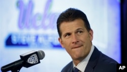 UCLA head coach Steve Alford listens to questions during the Pac-12's NCAA college basketball media day, Oct. 12, 2017, in San Francisco.