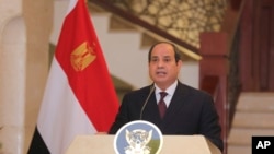 FILE: Egyptian President Abdel Fattah al-Sisi holds a news conference. Taken March. 6, 2021. 