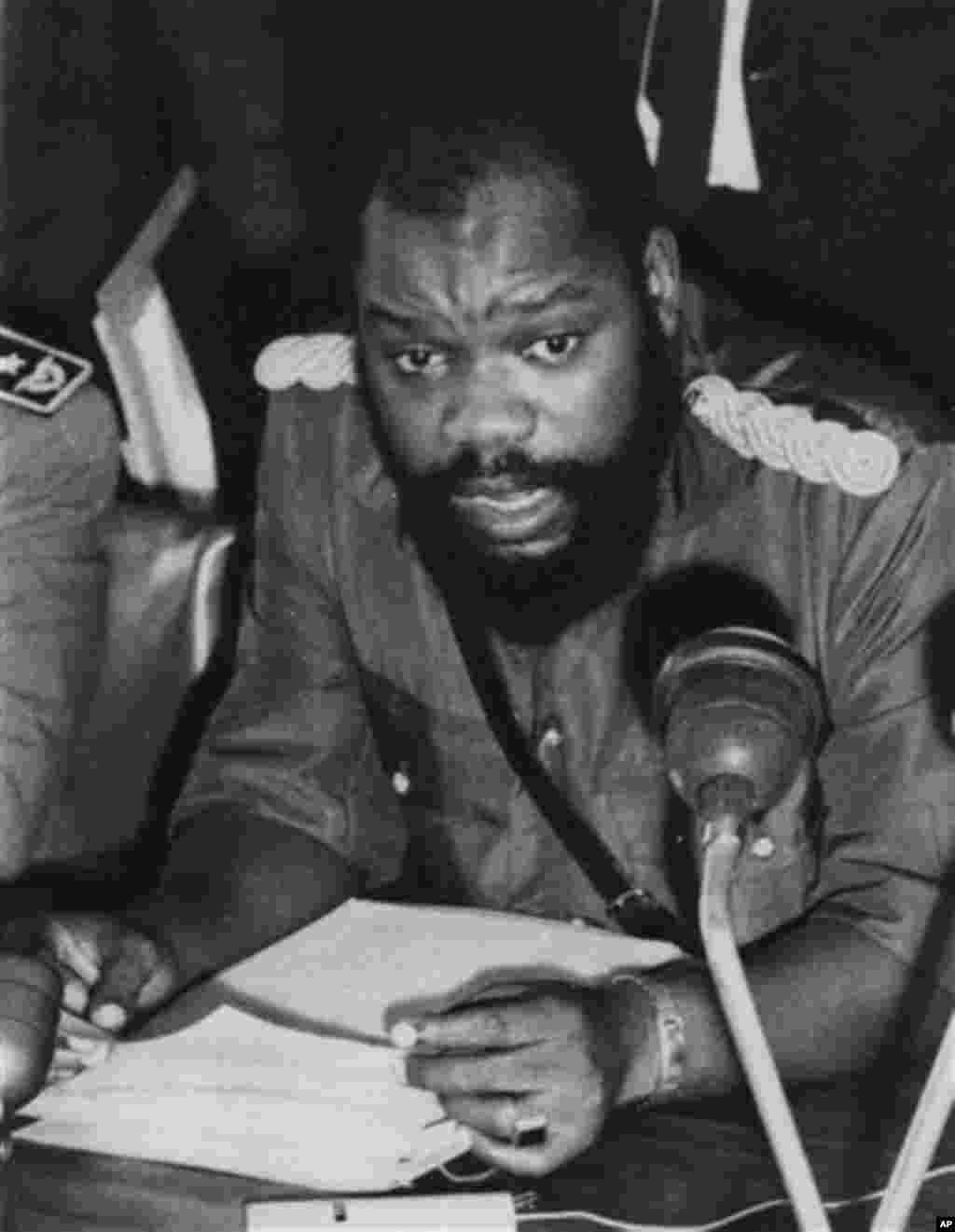 Lietenant Colonel C. Odumegwu Ojukwu, then military governor of East Nigeria, center, is pictured addressing a press conference at the state house in Engu, Nigeria, in this May, 1967 file photo. Chukwuemeka Odumegwu Ojukwu, a millionaire's son who led Nig