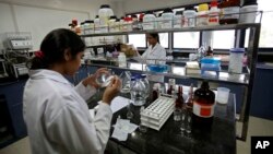 FILE - Indian scientists work inside a laboratory of the Research and Development Centre of Natco Pharma Ltd., in Hyderabad, India.