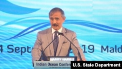 해리 해리스 주한미국대사가 4일 몰디브 말레에서 열린 '2019 인도양 컨퍼런스'에서 연설했다.