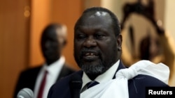 South Sudan's opposition leader Riek Machar speaks during a briefing ahead of his return to South Sudan as vice president, in Ethiopia's capital Addis Ababa April 9, 2016. 