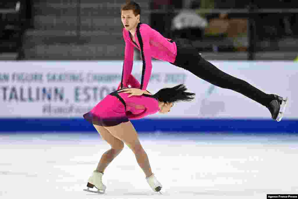 France&#39;s Camille Kovalev and Pavel Kovalev perform during the pair&#39;s short program of the European Figure Skating Championship 2022 in Tallinn, Estonia.