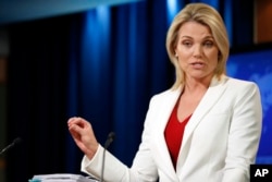 FILE - State Department spokeswoman Heather Nauert speaks during a briefing at the State Department in Washington, Aug. 9, 2017.