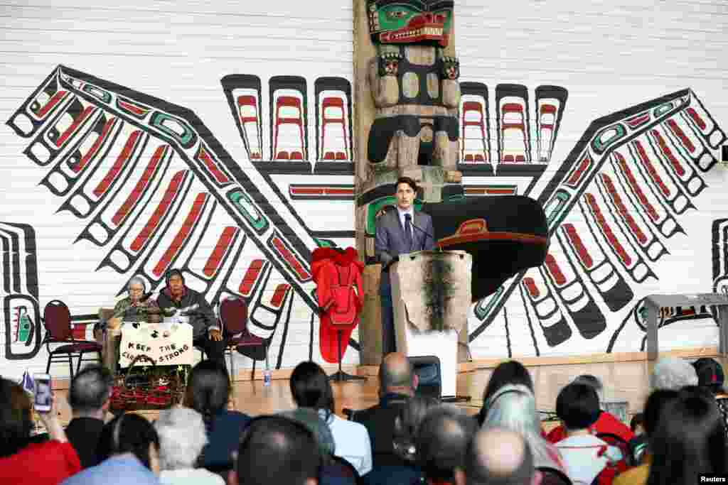 Canada&#39;s Prime Minister Justin Trudeau speaks during the closing ceremony of the National Inquiry into Missing and Murdered Indigenous Women and Girls in Gatineau, Quebec, June 3, 2019.