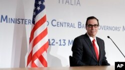 U.S. Treasury Secretary Steven Mnuchin gives a news conference on the last day of a summit of G-7 of finance ministers, in Bari, Italy, May 13, 2017.