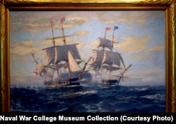 The Naval War College Museum Collection includes a 1928 painting of the 1812 sea battle between the 44-gun frigate USS Constitution and the British Royal Navy frigate HMS Guerriere, by Charles Robert Patterson.