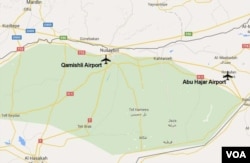 Map showing the proximity of the Abu Hajar and Qamishli airports in northeastern Syria