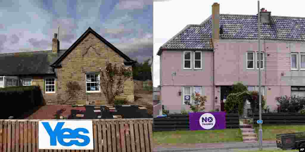A homeowner displays Yes signs in Eccles, Scotland (left) while another displays No signs at Burnmouth, Scotland (right), Sept. 8, 2014.