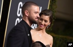 Justin Timberlake y su esposa Jessica Biel en la entrega 75 de los Premios Globos de Oro. Beverly Hilton Hotel, Beverly Hills, California. Enero 2018.