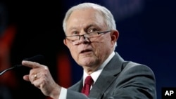 U.S. Attorney General Jeff Sessions makes a point during his speech at the Western Conservative Summit, June 8, 2018, in Denver. 