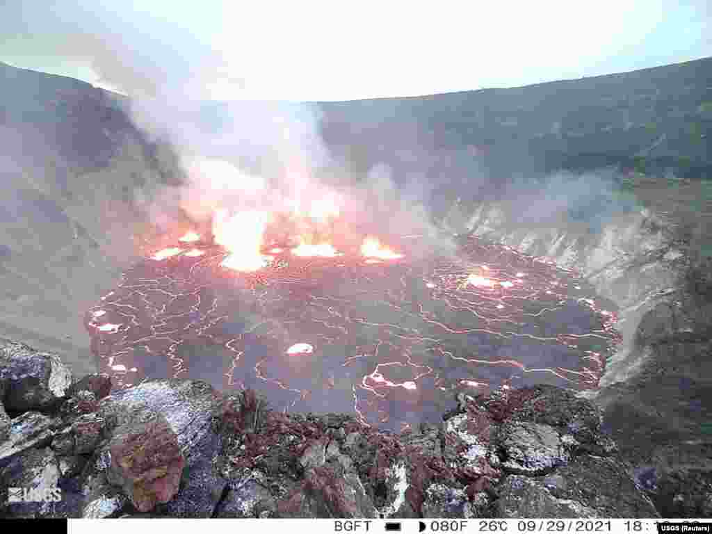 This image shows lava surfacing on the Halema&#39;uma&#39;u crater of Kilauea volcano in Kilauea, Hawaii, Sept. 29, 2021, in this still image provided by the USGS surveillance camera.