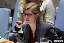 U.S. Ambassador to the United Nations and current Security Council President Samantha Power speaks to members of the Security Council at the United Nations Headquarters in New York, Dec. 16, 2015.
