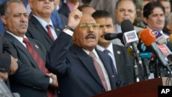 FILE - Former Yemeni President Ali Abdullah Saleh speaks during a ceremony to celebrate the 35th anniversary of the founding of the Popular Conference Party, in Sana'a, Yemen.