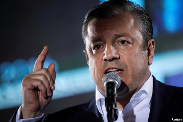 Prime Minister Giorgi Kvirikashvili speaks during a rally after the parliamentary elections in Tbilisi, Georgia, Oct. 8, 2016.