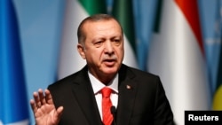 Turkish President Tayyip Erdogan speaks during a news conference in Istanbul, Turkey.