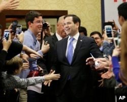 Republican presidential candidate, Sen. Marco Rubio, R-Fla., is welcomed at a rally in Houston, Texas, Feb. 24, 2016.