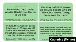 Những thông điệp của các bức thư Letters for Black Lives kèm với phần dịch tiếng Việt được Catherine Trần thu thập để chia sẻ với gia đình và bạn bè nhằm giúp họ hiểu về cuộc tranh đấu của người da đen đòi quyền bình đẳng. (Twitter Catherine)